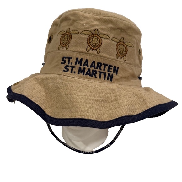 St. Maarten Embroidered Turtles Bucket Boonie Travel Sun Hat Tan Adj. Chip Strap - Picture 1 of 7